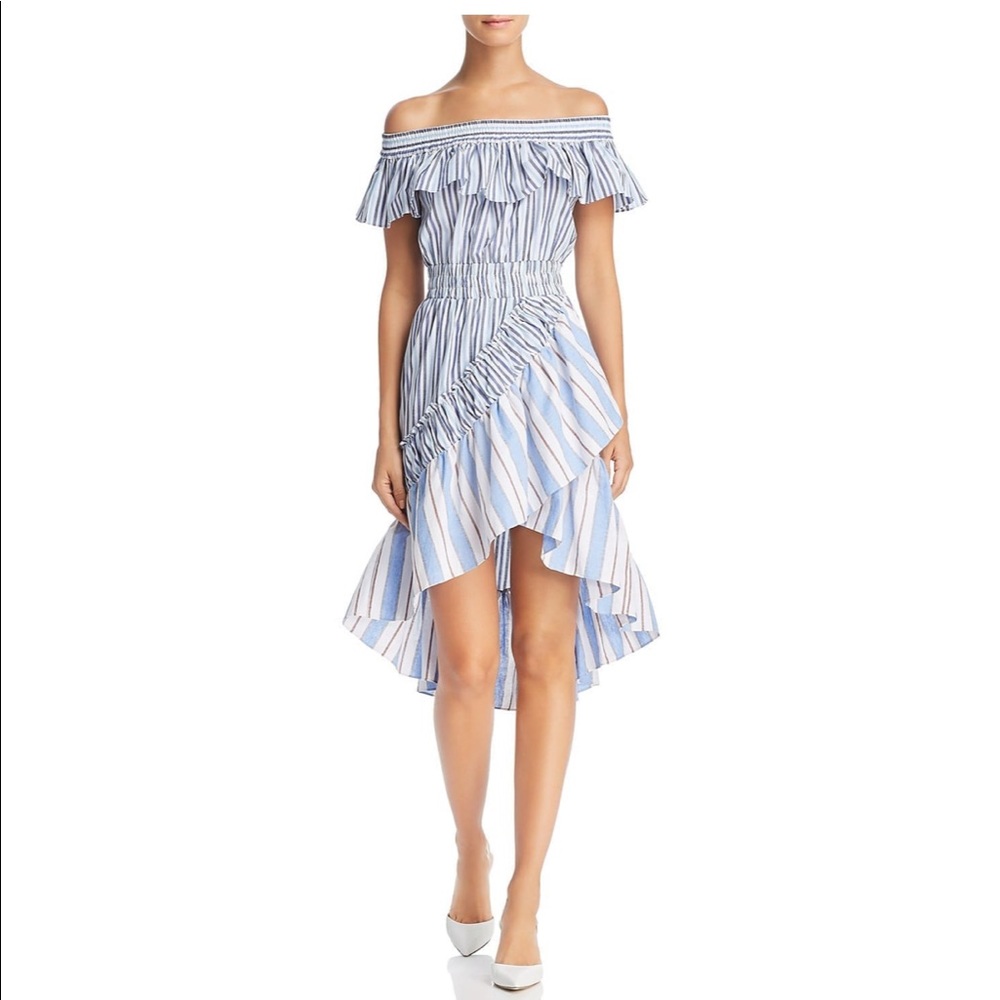 Misa Los Angeles Off-Shoulder Blue and White Striped Midi Dress